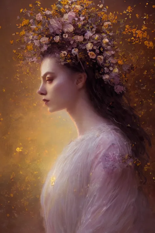 Prompt: a stunning elegant girl made of flowers and golden silks. ethereal horror fantasy art by greg rutkowski and magali villanueve and monet, concept art, smooth, cinematic lighting, 8 k resolution