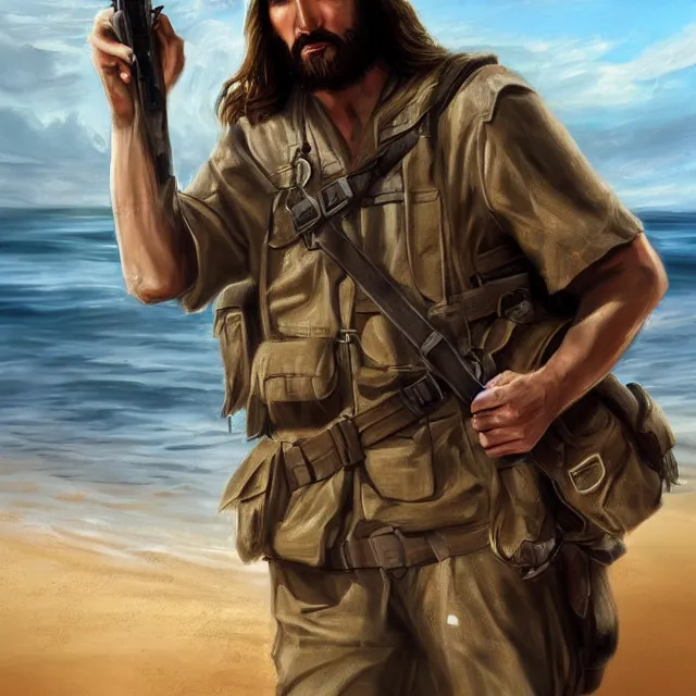 Image similar to jesus christ as a soldier on the beach during d - day trending on artstation deviantart pinterest photorealistic hd 8 k highlights and shadow detailed high resolution