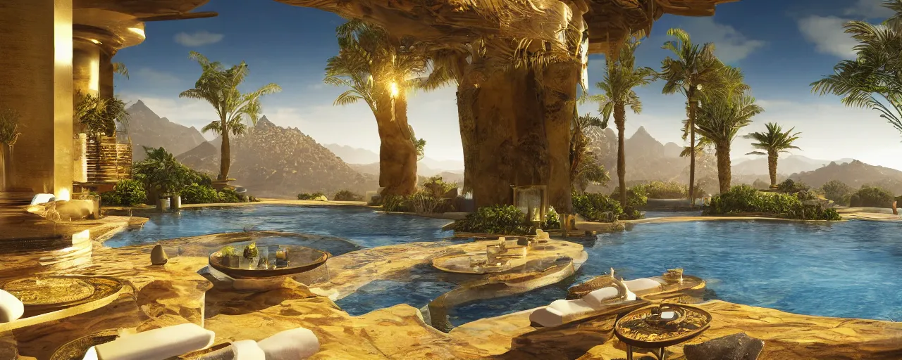 Image similar to surreal hyper luxury spa with intricate golden details with view to arid mountains and palm forest, ultra detailed, photorealism, sharp focus, volumetric light, global illumination