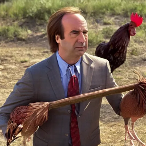 Image similar to saul goodman and a rooster in a saw movie torture chamber, scary torture devices in the background, saul goodman, rooster, photo