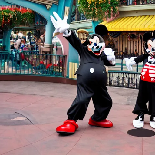 Image similar to mickey mouse gangster attacking tourist in disneyland