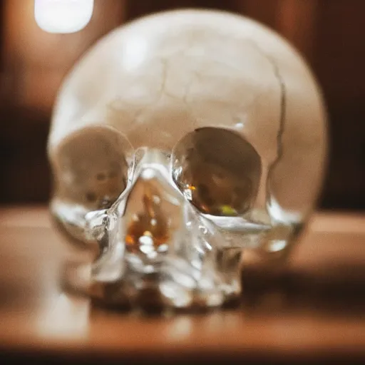 Prompt: macro shot of a crystal skull sitting on a table in the hall of a great castle