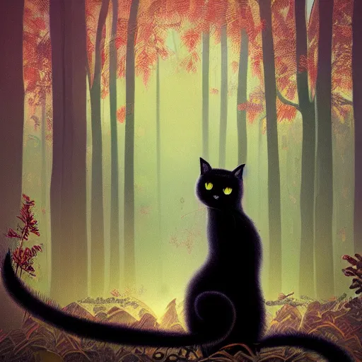 Prompt: a black cat looking curiously, there is a forest in the background, texture, intricate, details, highly detailed, masterpiece, architecture, building, trending on artstation, focus, sharp focus, concept art, digital painting, fantasy, sunny, day, midday