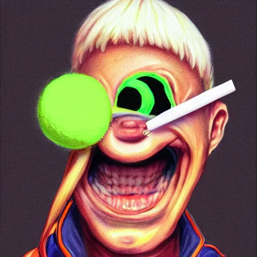 Image similar to a Eminem, marshal Mathers, slim shady tennis ball monster, tennis ball, chalk, digital art, fantasy, magic, trending on artstation, ultra detailed, professional illustration by Basil Gogos