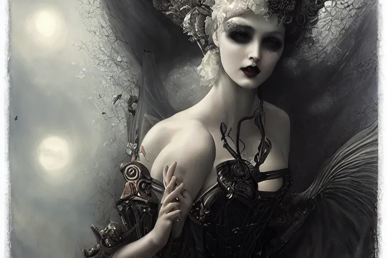 Image similar to By Tom Bagshaw, ultra realist soft painting of curiosities carnival by night, very beautiful horn single female gothic wearing corset closed eyes, symmetry accurate features, very intricate details, omnious sky, black and white, volumetric light clouds