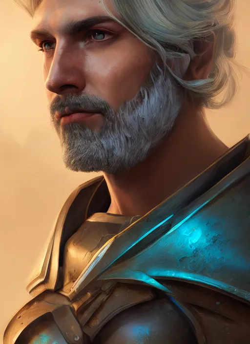 Prompt: an epic fantastic realism comic book style portrait painting of an aasimar paladin, male, silver hair, short brown beard, d & d concept art, unreal 5, daz, teal aesthetic, octane render, cosplay, rpg portrait, dynamic lighting