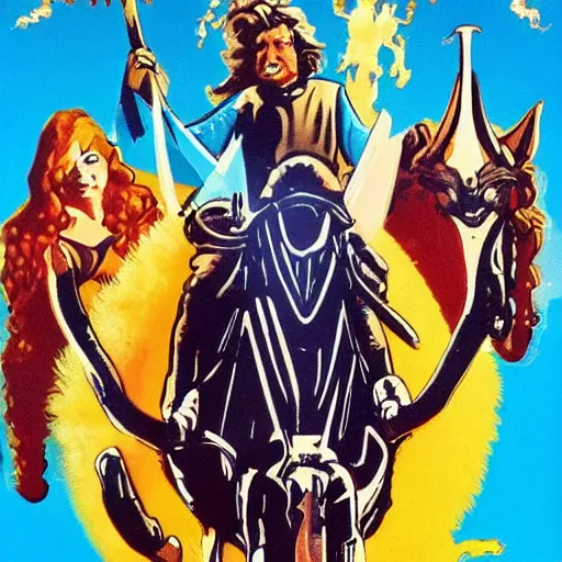Prompt: into glory ride, 1980s fantasy movie poster artwork