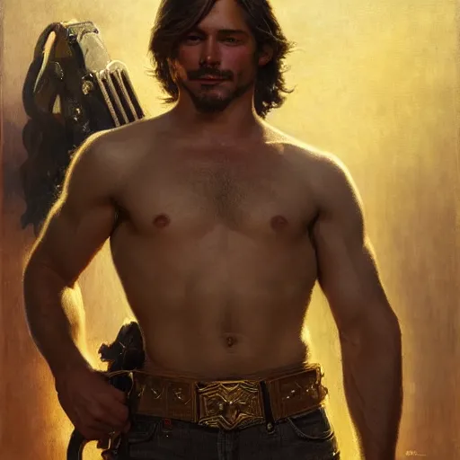 Image similar to handsome portrait of young mccree posing with glistening muscles, war hero, toned, radiant light, caustics, by gaston bussiere, bayard wu, greg rutkowski, giger, maxim verehin, alex grey