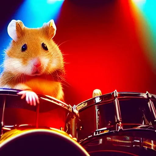 Image similar to a hamster playing drums on a stage in a small club, red and blue stagelights, photorealistic