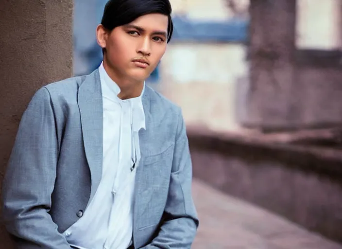 Image similar to outdoor medium close shot of a very very very very extremely handsome!!! good looking young man in 2 0 2 2 his face looks very very extremely like jose rizal!!! hair like jose rizal, eyes like jose rizal, very handsome and wearing modern clothes photo taken in 2 0 2 2, 3 5 mm f 1. 4 digital color photography