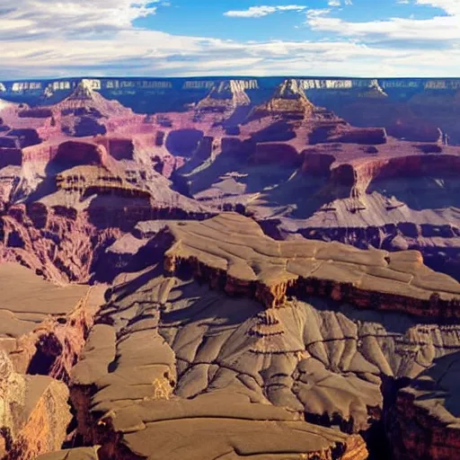 Image similar to view from a helicopter looking down into the grand canyon, photorealistic