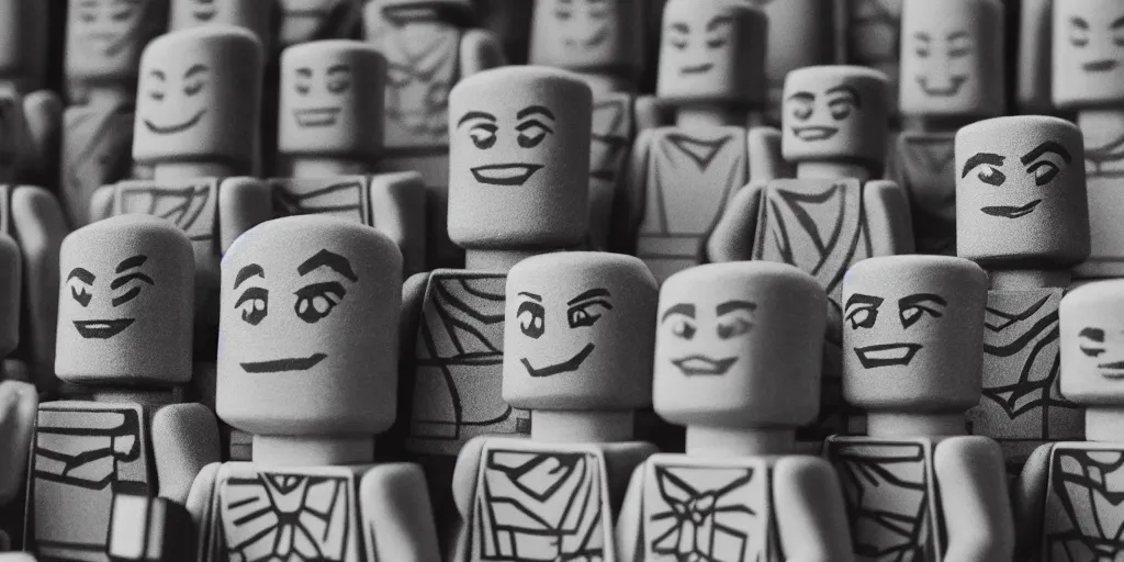 Image similar to charcoal drawing of lego minifigures as easter island heads