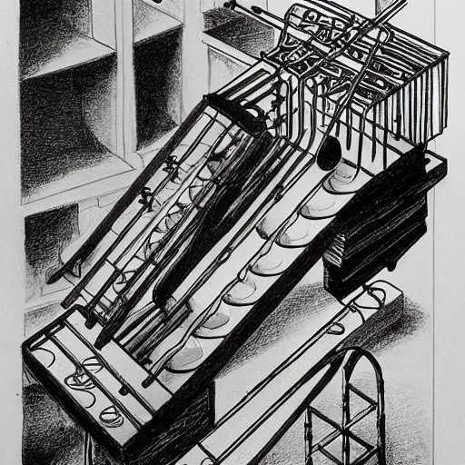 Image similar to rube goldberg music machine designed by escher drawn by da vinci, detailed pen and ink illustration