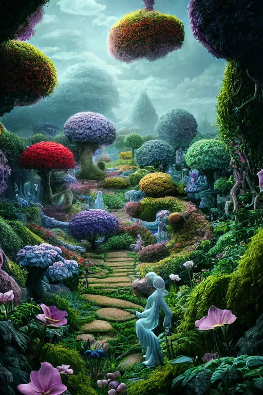 Prompt: ethereal garden, part by robert beatty, part by james jean, part by ross tran, part by jacek yerka, part by leslie zhang, surreal, highly detailed, beautiful detailed intricate insanely detailed octane render trending on artstation, 8 k artistic photography, photorealistic, volumetric cinematic light, chiaroscuro