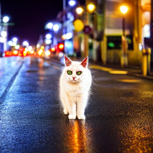 Prompt: fluffy cat crossing the street at night, after rain, reflecting lights, photograph