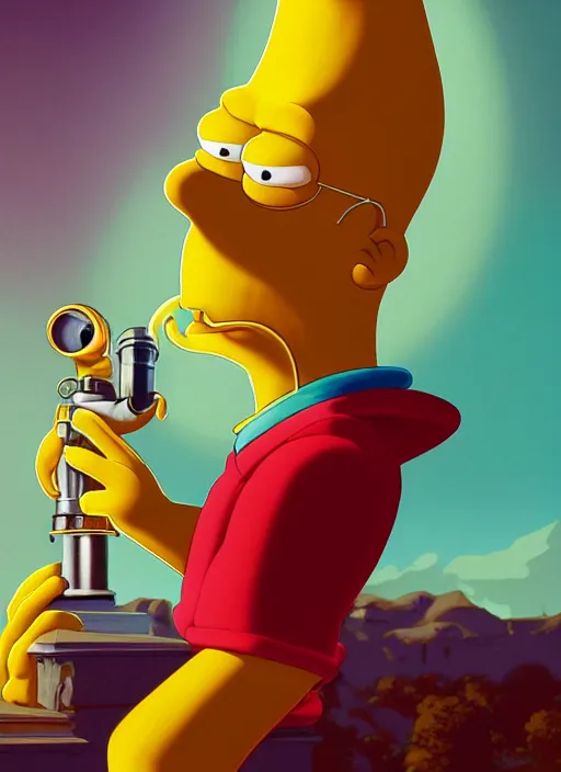 Prompt: an anthropomorphic beautiful homer simpson alien wizard portrait holding a telescope wearing colourful robe, fine art, award winning, intricate, elegant, sharp focus, octane render, hyperrealistic, wizard hat cinematic lighting, highly detailed, digital painting, 8 k concept art, art by jamie hewlett and z. w. gu, masterpiece, trending on artstation, 8 k