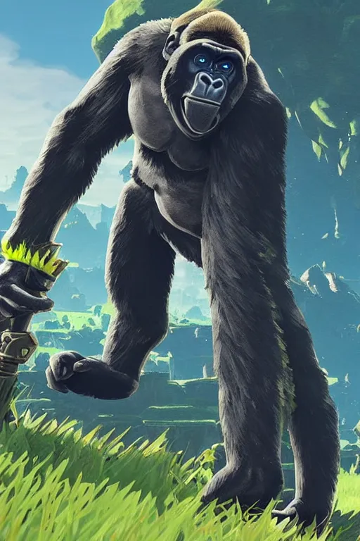 Image similar to an in game footage of a gorilla from the legend of zelda breath of the wild, breath of the wild art style.