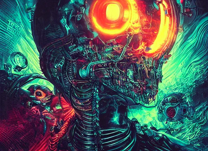 Image similar to a futuristic skull with glowing eyes and a wormhole tunnel cyberpunk art by android jones darksynth, synthwave