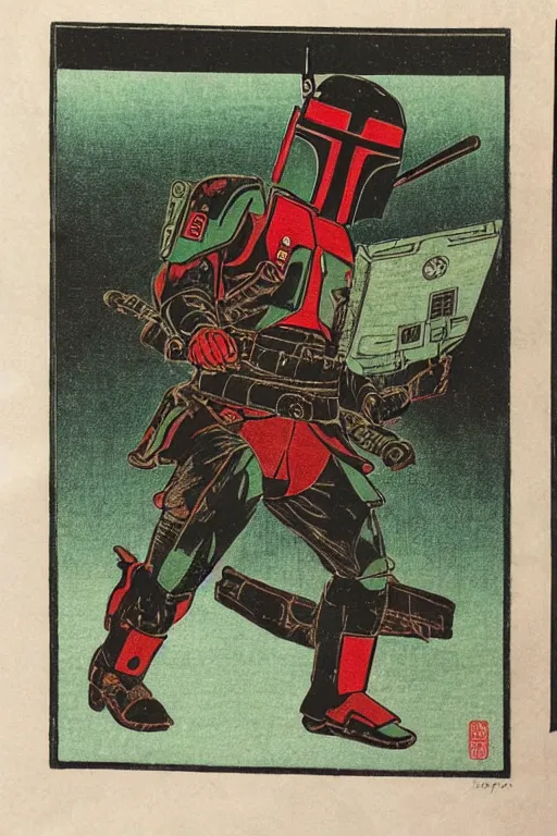 Image similar to Japanese woodblock print of Boba Fett