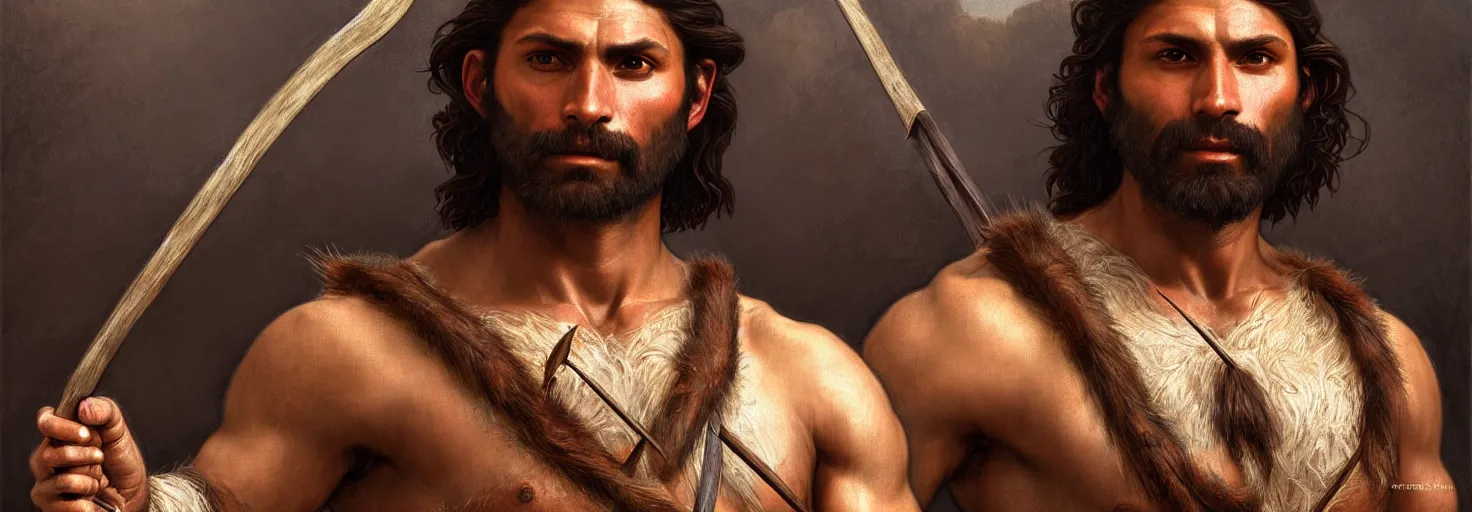 Prompt: renaissance upper body portrait of a gruff ranger with a spear, Cherokee Indian, lean and toned, handsome face, hairy chest, D&D, intricate, elegant, highly detailed, digital painting, artstation, concept art, matte, sharp focus, illustration, art by da Vinci, Artgerm and Greg Rutkowski and Alphonse Mucha