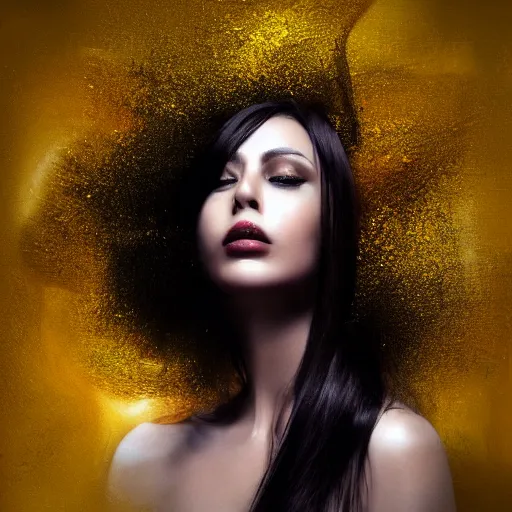 Prompt: masterpiece dynamic portrait of an aesthetic beautiful realistic black haired woman, gold and purple strands, 3 0 years old woman, mid long hair, black eyed, by joachim bergauer and wlop, artstation, deviantart, large view, motion blur, high aperture, pouring acrylic chaotic background, curves and splashes, detailed, intricate, 8 k