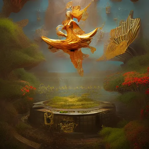 Prompt: beautiful symmetrical scateboarder jumps over the pond! silence again, surrounded by machine axonometric fantasy intricate elegant highly detailed in volumetric void of latent space lush flowers surround, realm of the gods golden turquoise steampunk, high contrast cinematic light, mystical shadows, octane render, photographic, concept art, art high renaissance art, unreal engine 8 k