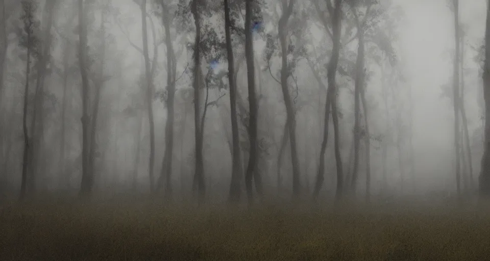 Prompt: a matte painting of a creepy foggy forest