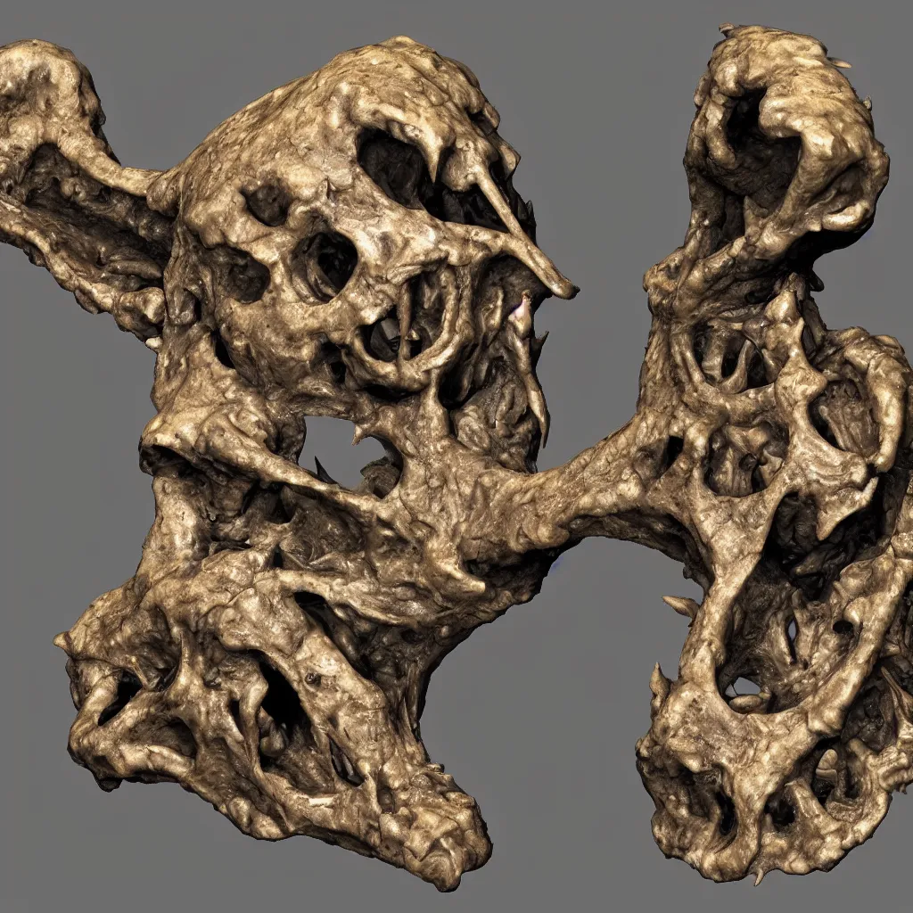 Image similar to scientist hands holding the fossilized remains of a dragon skull. zbrush, extremely detailed