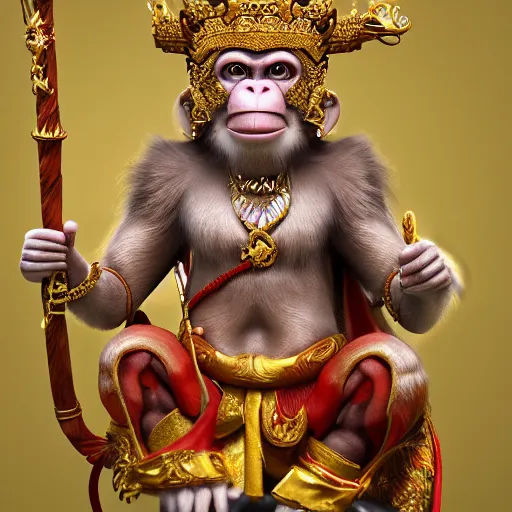 Image similar to monkey king godly lord of monkeys, wearing a crown, holding a staff, sitting in throne 8 k render high detail