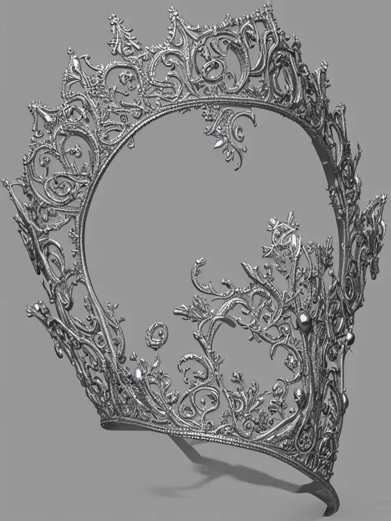 Prompt: realistic, 3 d render, detailed, intricate, delicate, fine detail, silver, elven crown, tiara, with little white flower detail, front facing,