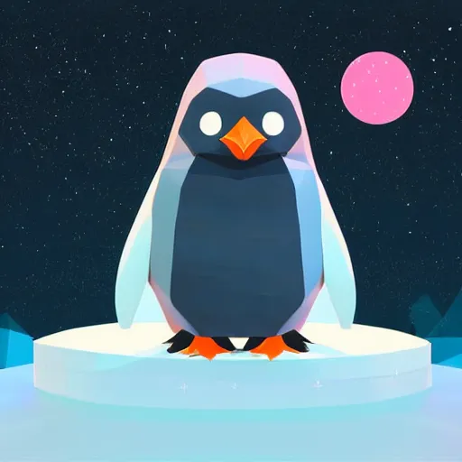 Prompt: digital art of a cute and small penguin! sitting on a white chair at night, wearing sunglasses! black background with some stars and a light coming from above! detailed, bright stars, vector art, by emiliano ponzi, by tom whalen, trending on polycount, private press, low poly, 3 d, sketchfab