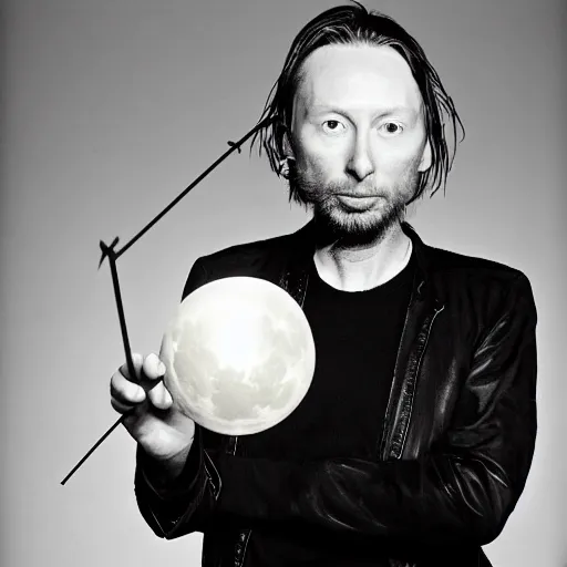 Image similar to Radiohead singer Thom Yorke, holding the moon upon a stick, with a beard and a black jacket, a portrait by John E. Berninger, dribble, neo-expressionism, uhd image, studio portrait, 1990s