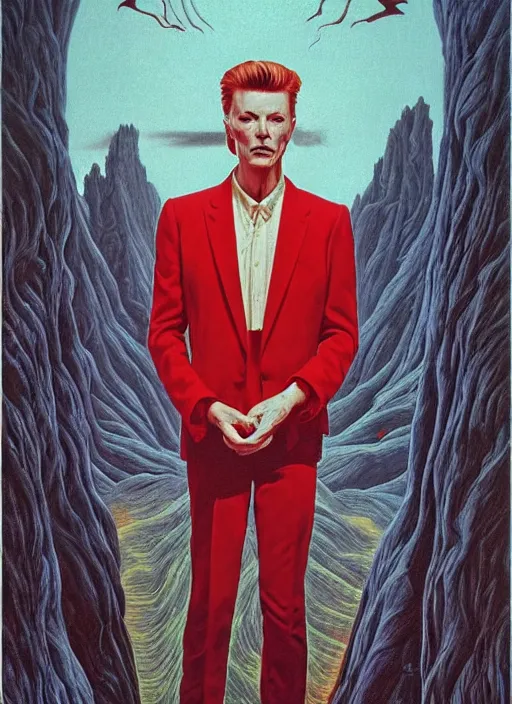 Image similar to twin peaks poster art, portrait of david bowie lost in the labyrinth of the red room, other dimension, this is his fate for the next two years, by michael whelan, rossetti bouguereau, artgerm, retro, nostalgic, old fashioned