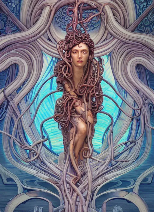 Prompt: medusa, subsurface scattering, wooden art nouveau swirls, strong subsurface scattering, cables, tubes, subsurface scattering, in the style of james jean and tomasz alen kopera and beeple, subsurface scattering, mystical colors, rim light, soft lighting, 8 k, stunning scene, raytracing, octane render, trending on artstation