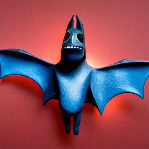 Image similar to detailed full body of scary giant mutant dark blue humanoid anthropomorphic bat, glowing red eyes flying above a stormy ocean, sharp teeth, acid leaking from mouth, realistic, giant, bat ears, bat nose, bat claws, bat wings, furred, covered in soft fur, detailed, 85mm f/1.4