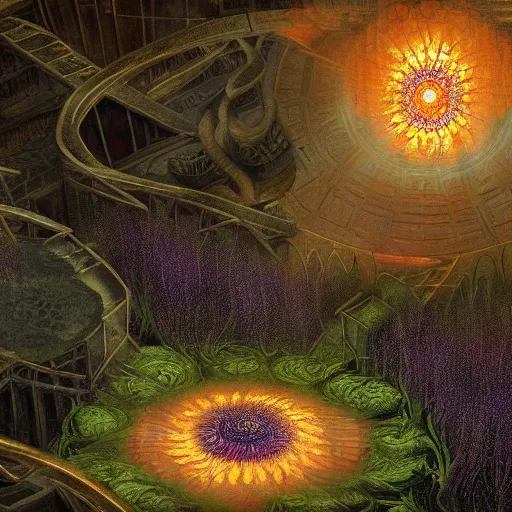 Image similar to a detailed picture of the elevator to hell surrounded by a field of black lotus flowers with petals in a fibonacci sequence, in the style of magic the gathering, highly detailed, digital painting, god rays, volumetric lighting, octane render, 4 k resolution, art by adam paquette and johann bodin and jason rainville