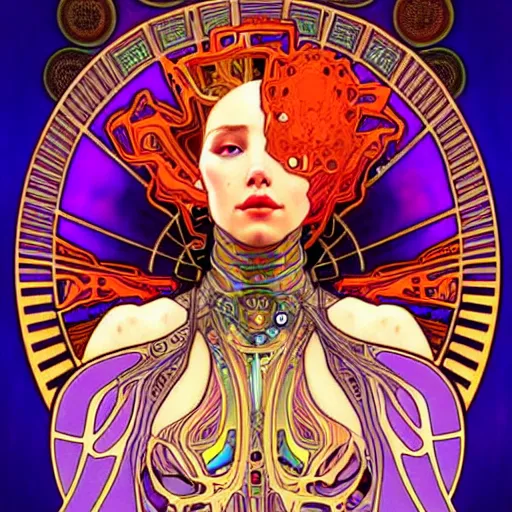 Prompt: extremely psychedelic cyborg queen of lsd. intricate, elegant, highly detailed, extremely lifelike photorealistic digital painting, artstation. alphonse mucha