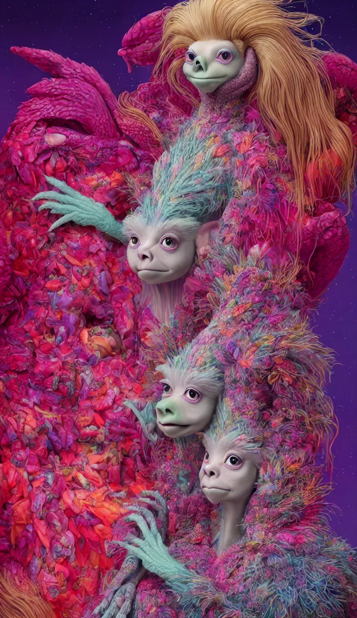 Image similar to hyper detailed 3d render like a Oil painting - kawaii portrait of two Aurora (a beautiful skeksis muppet fae queen protector heroine from dark crystal that looks like Anya Taylor-Joy) seen red carpet photoshoot in UVIVF posing in scaly dress to Eat of the Strangling network of yellowcake aerochrome and milky Fruit and His delicate Hands hold of gossamer polyp blossoms bring iridescent fungal flowers whose spores black the foolish stars by Jacek Yerka, Ilya Kuvshinov, Mariusz Lewandowski, Houdini algorithmic generative render, Abstract brush strokes, Masterpiece, Edward Hopper and James Gilleard, Zdzislaw Beksinski, Mark Ryden, Wolfgang Lettl, hints of Yayoi Kasuma and Dr. Seuss, octane render, 8k