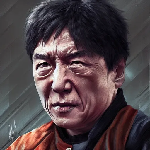 Image similar to Jackie Chan as a zombie, by WLOP, detailed, realistic, trending on artstation