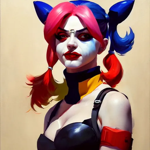 Image similar to Greg Manchess portrait painting of Harley Quinn as Overwatch character, medium shot, asymmetrical, profile picture, Organic Painting, sunny day, Matte Painting, bold shapes, hard edges, street art, trending on artstation, by Huang Guangjian and Gil Elvgren and Sachin Teng