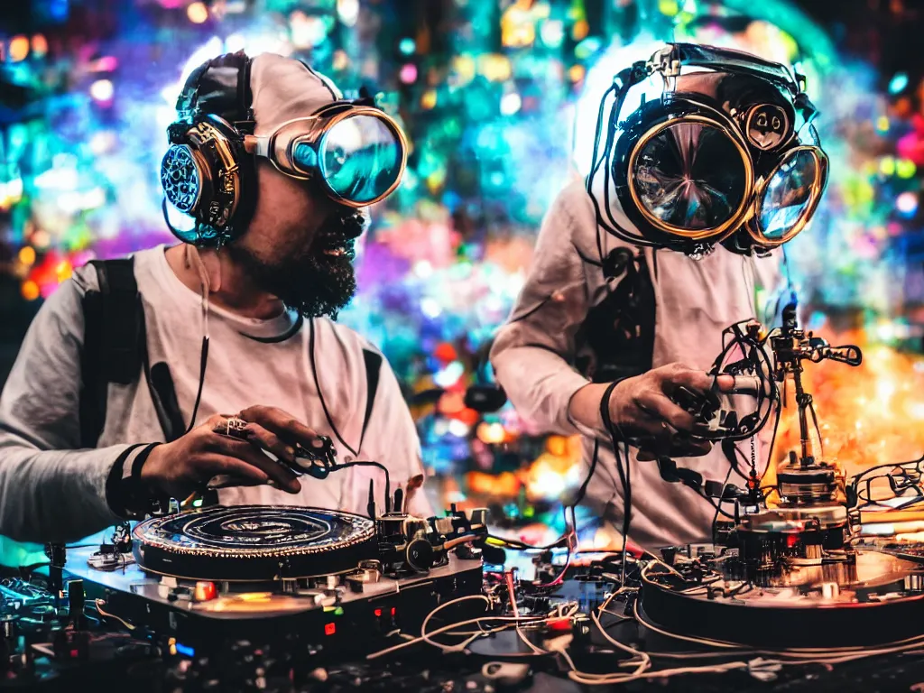 Image similar to a person wearing goggles and visor and headphones using a steampunk record player contraption, wires and tubes, turntablism dj scratching, intricate planetary gears, cinematic, imax, sharp focus, leds, bokeh, iridescent, black light, fog machine, hazy, lasers, hyper color digital art, cyberpunk