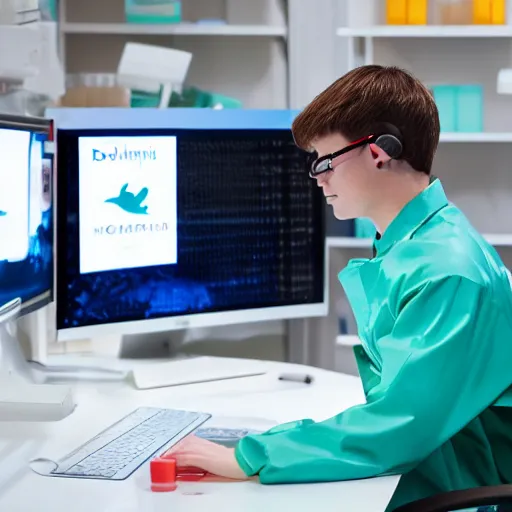 Image similar to A dolphin wearing a chemist outfit playing games on a computer