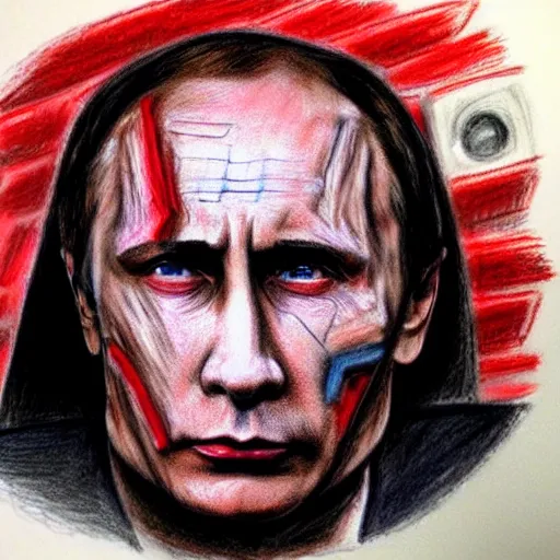 Image similar to Colored crayon drawing of Vladimir Putin as the terminator, half robotic face, red eyes glowing