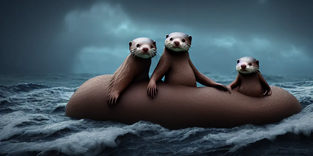 Prompt: my little everything, happy brave magical cuteness, fantasy otter love, otters holding hands side by side in the very scary stormy sea, he holds her while she sleeps, hyper - realism, 8 k octane render