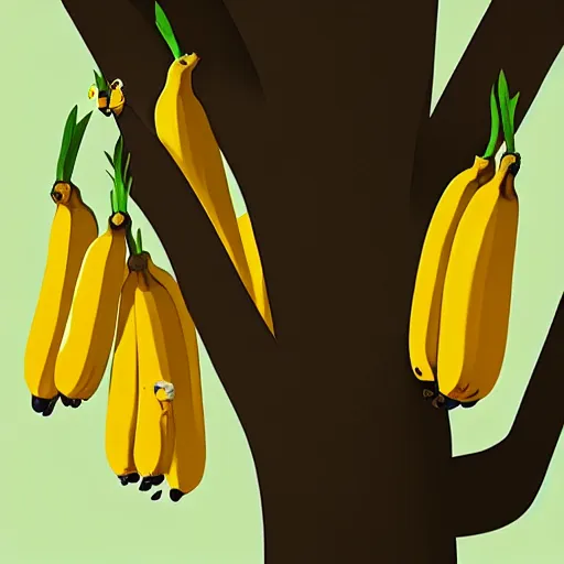 Image similar to goro fujita ilustration yellow bananas hanging from a tree, painting by goro fujita, sharp focus, highly detailed, artstation