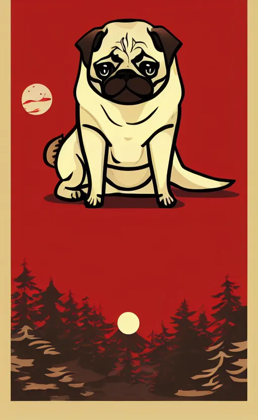 Image similar to hanafuda pug, a big red charm is floating above a forest of japanese pines, a big red sun in the background, original style, front game card, vector line art, trending on behance, concept art, stunning, matte