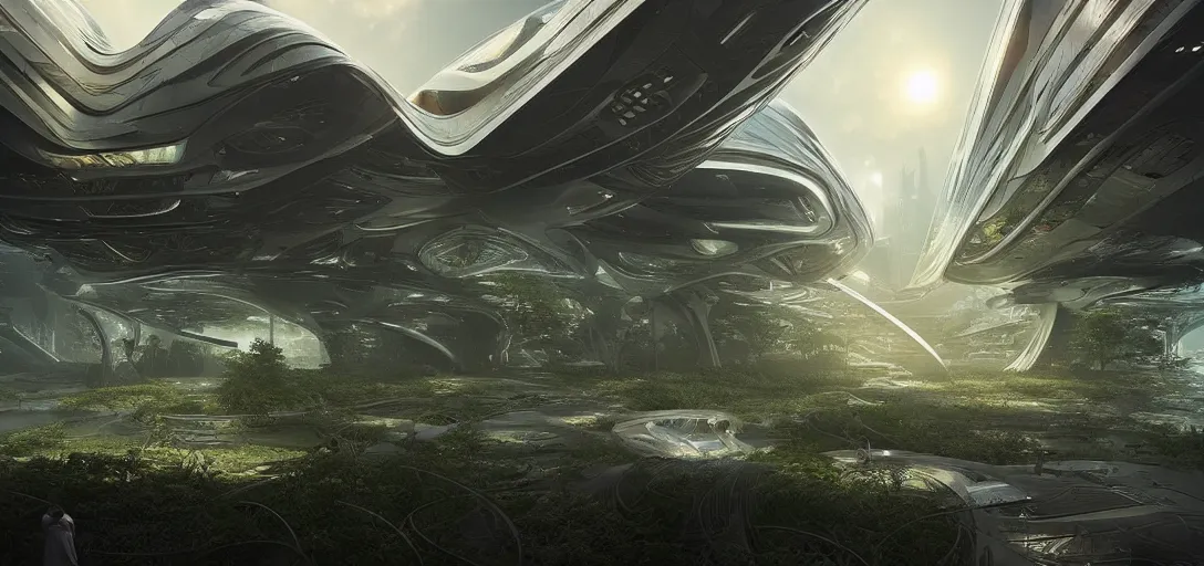 Image similar to a futuristic solarpunk biome, designed by zaha hadid, sci - fi, digital art by paul chadeisson