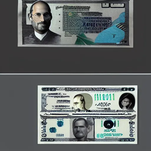 Prompt: banknote commemorating steve jobs, artstation.