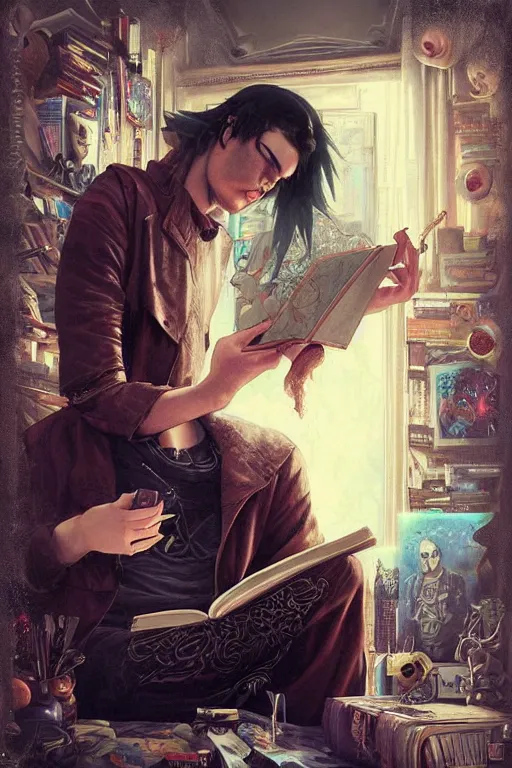 Image similar to goth guy reading a book in a cluttered messy 9 0 s bedroom, artgerm, tom bagshaw, gerald brom, vaporwave, vaporwave colors, 9 0 s, 9 0 s aesthetic, perfect face, detailed face, symmetrical face,