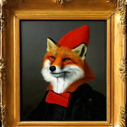 Prompt: An anthropomorphic red fox dressed as a British red coat in the style of Rembrandt, 18th century painting